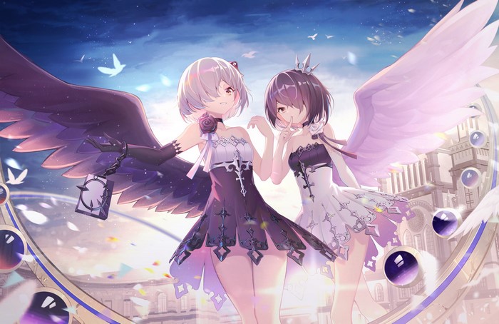bare shoulders, anime, artwork, digital art, Shimutsuki, dark hair, portrait, wings, short hair, silver hair, dress, anime girls, 2D