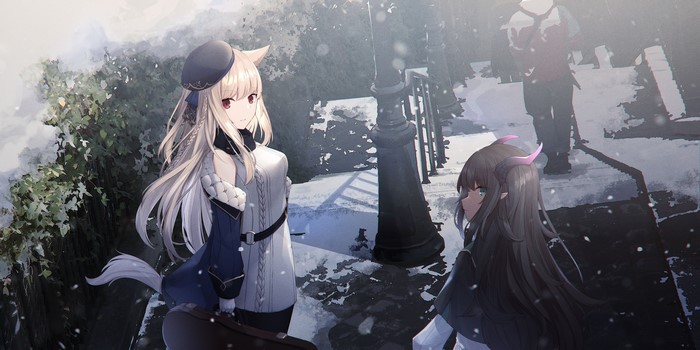anime girls, tail, artwork, anime, horns, snow, animal ears, sagiri (ulpha220), portrait, digital art, 2D