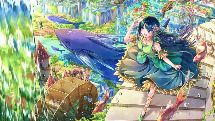 fish, dress, water, blue eyes, long hair, blue hair, anime girls