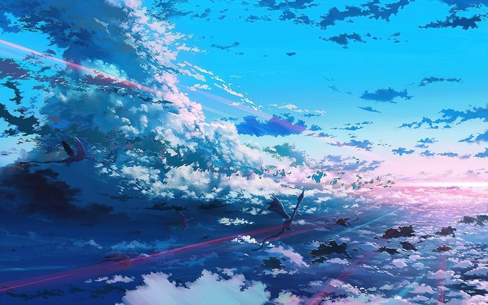 4K, digital art, dragon, Wyvern, sunset, clouds, sky, colorful, fantasy art