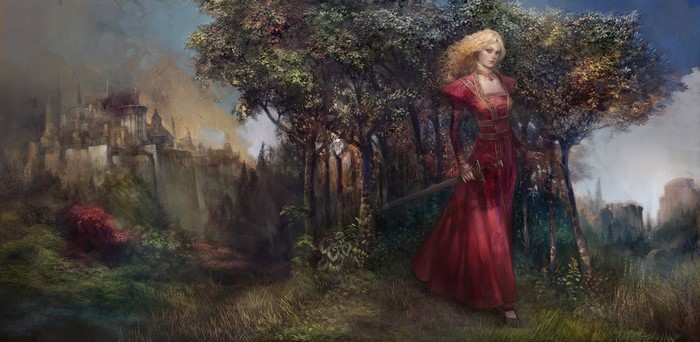 women, sword, blonde, digital art, castle, digital painting, drawing, ArtStation, red dress, Othon Nikolaidis