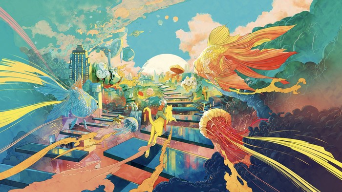Fantasy City with Flying Whales and Knight