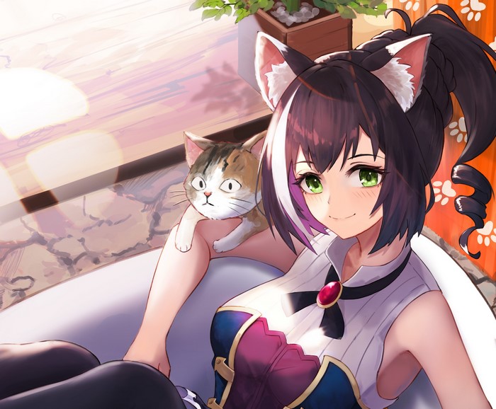 smiling, green eyes, anime girls, dark hair, Princess Connect Re:Dive, cats, animal ears, Kyaru (Princess Connect)