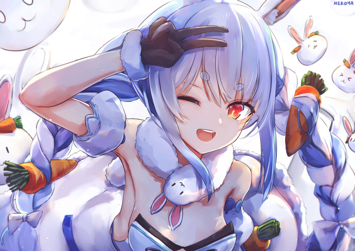 orange eyes, Nekoyaliu, portrait, 2D, artwork, bare shoulders, anime, anime girls, animal ears, one eye closed, open mouth, winking, Hololive, Usada Pekora, wink, digital art, blue hair