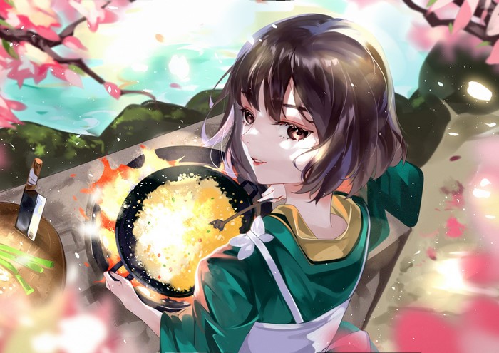 Vardan, cooking, Japanese clothes, cherry blossom, rice, 2D, table knife, short hair, artwork, food, anime, digital art, brown eyes, anime girls, brunette, portrait