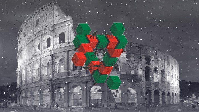 screen shot, people, Penrose triangle, cube, snow, Colosseum, night