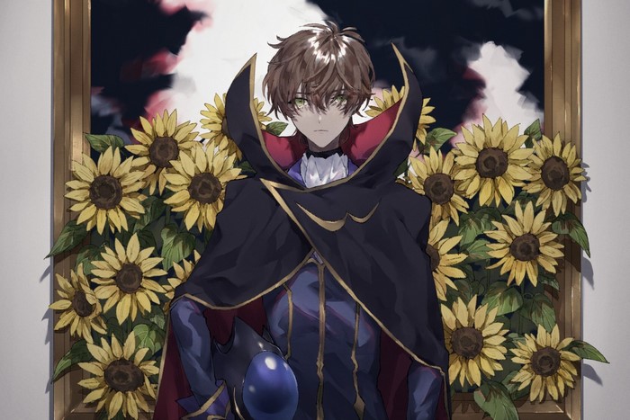 Code Geass, anime boys, Pixiv, anime, sunflowers, green eyes, plants, Zero, flowers, Kururugi Suzaku