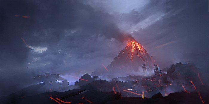 planet, digital art, volcano, sky, science fiction, artwork, landscape