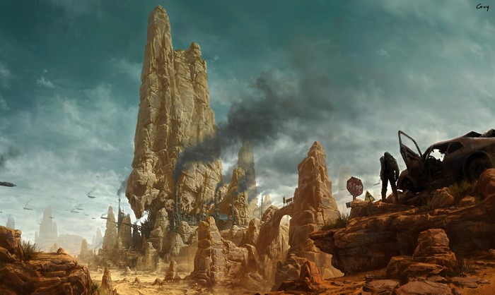 apocalyptic, desert, digital art, artwork, mountains