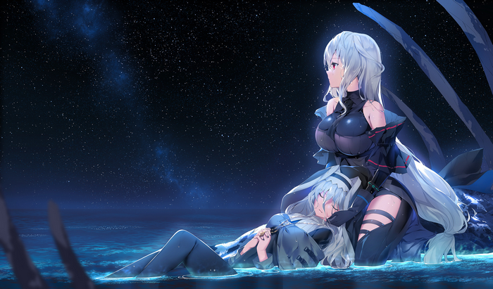 red eyes, night sky, silver hair, nuns, water, closed eyes, anime girls, night, Arknights, Bearmaker