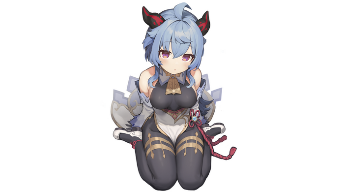 anime girls, screen shot, kneeling, bodystockings, anime, lingerie, Genshin Impact, horns, purple eyes, thighs, simple background, bodysuit, Seramikku, Ganyu (Genshin Impact), tights, thigh-highs, blue hair