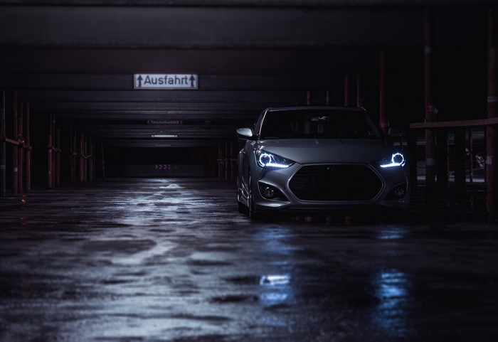 4K, Veloster, parking lot, tuning, Hyundai, car, dark