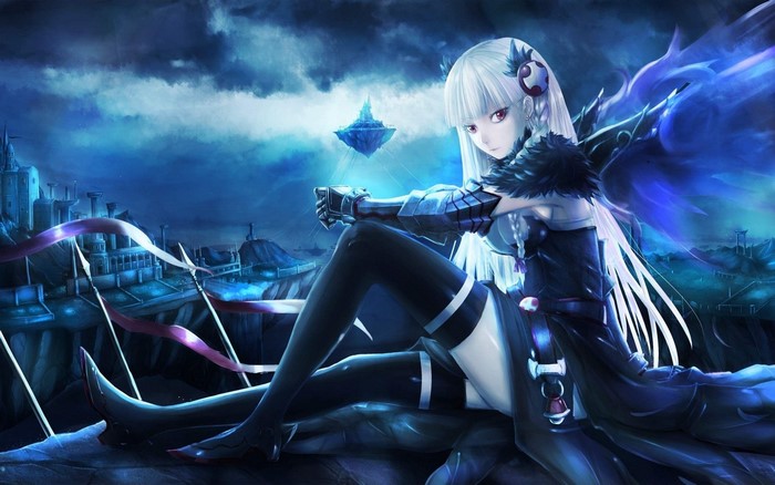 anime girl with wings, white hair, anime, digital art, thigh high boots, screen shot