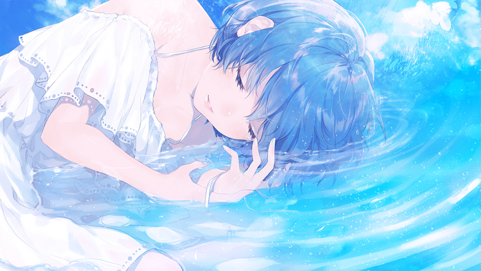 anime, Sudach Koppe, blue nails, in water, ribbons, waves, anime girls, clouds, short hair, blue hair, closed eyes