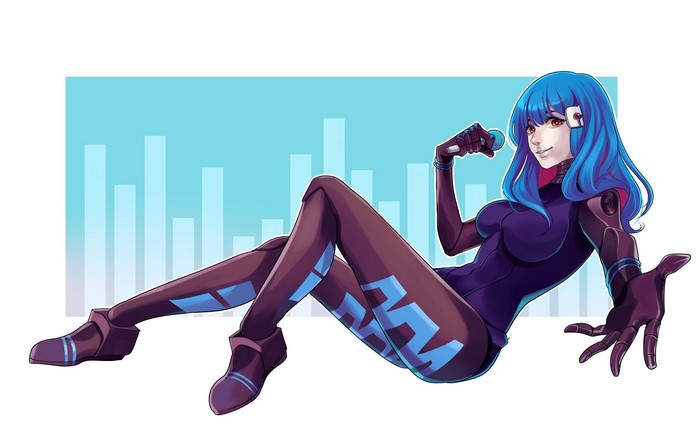 anime girls, microphone, va-11 hall-a, blue, simple background, looking at viewer, legs, blue hair, anime