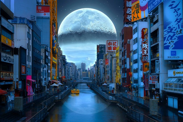 Dotonbori, river, Osaka, photo manipulation, building, Moon