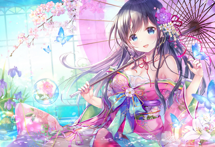 Anime, Emori Miku, Momo Moyon, Cherry Blossom, Umbrella, Bare Shoulders 