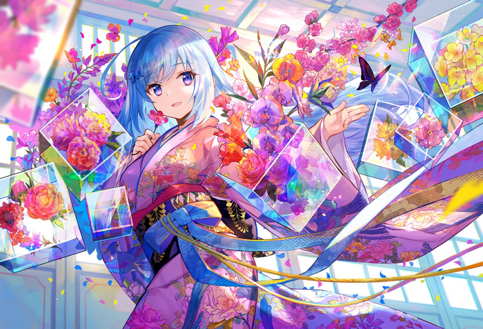 blue eyes, Japanese kimono, Fuji Choko, blue hair, anime girls, anime, flowers, Emori Miku