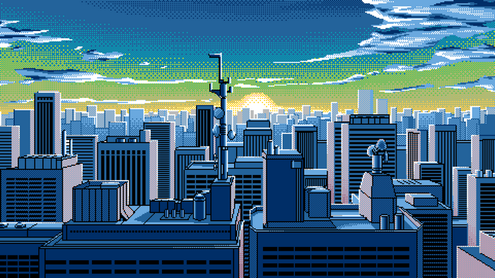 antenna, rooftops, artwork, sunrise, city, cityscape, skyline, pixel art
