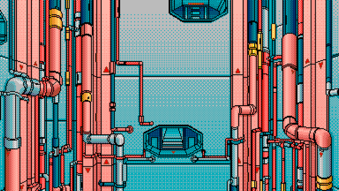 red, science fiction, pixel art, pipes, artwork, blue