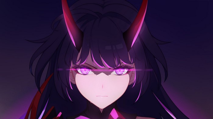 horns, purple hair, Honkai Impact, purple eyes, Mei (Honkai Impact), glowing eyes, Honkai, anime girls