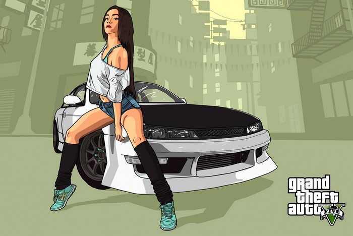 fan art, video games, video game art, women, sports car, looking at viewer, Grand Theft Auto V, brunette, digital art