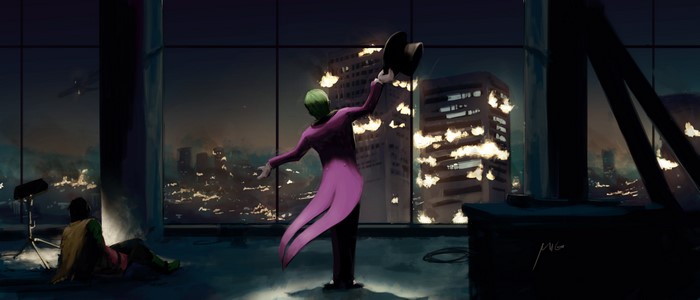 4K, digital painting, fire, hat, green hair, artwork, fan art, digital art, Joker, Miguel Blanco, ArtStation