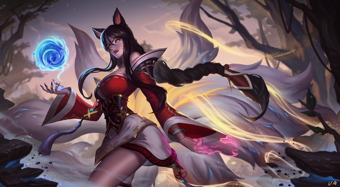 drawing, dress, Ahri (League of Legends), League of Legends, orb, face paint, nine tails, fox girl, long hair, magician, Unstable Anomaly, looking at viewer, spell, women
