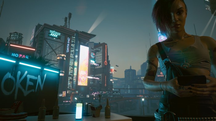 city, tattoo sleeve, tattoo, video game girls, short hair, women, screen shot, cyberpunk, Judy Alvarez, video games, Cyberpunk 2077, undercut (hairstyle)