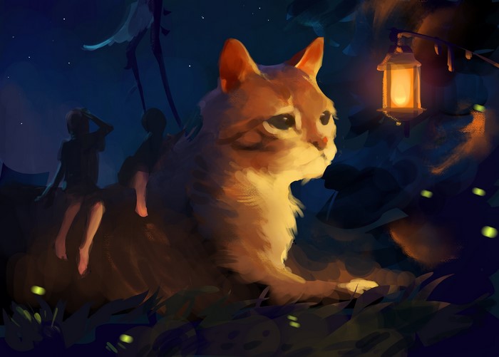 Belén Fernández, cats, lantern, ArtStation, digital art, drawing