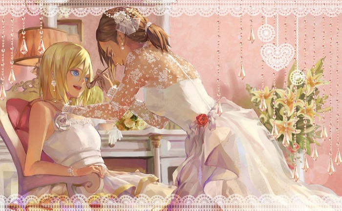 anime, hair in face, long hair, jewelry, dark skin, rose, blonde, white rose, brown eyes, alternate outfit, freckles, yuri, brunette, ponytail, wedding dress, sitting, strapless dress, Shingeki no Kyojin, curvy, open mouth, makeup brush, bare shoulders, arched back, flower in hair, 2D, Ymir, blue eyes, white gloves, Historia Reiss, women indoors, anime girls, fan art