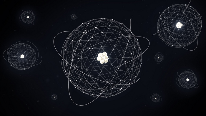 Abstract atoms with orbiting electrons on dark background