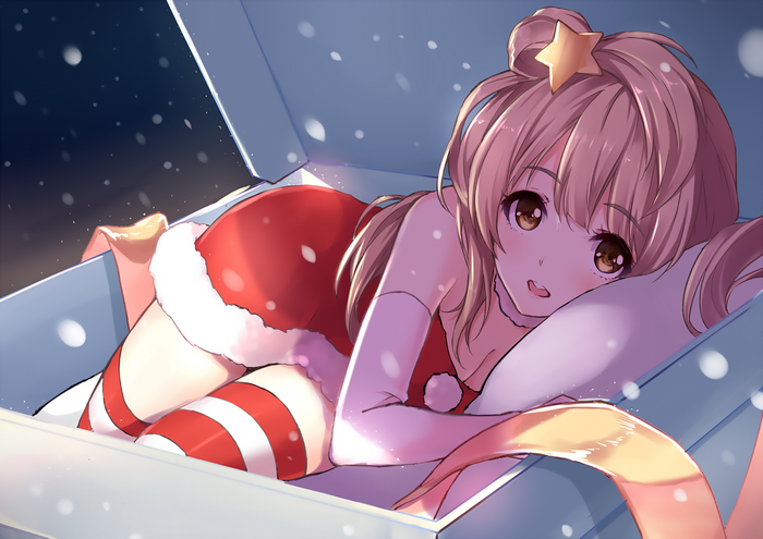 Christmas, anime girls, brunette, thigh-highs, Love Live Series, brown eyes, Love Live!, Santa girl, christmas clothes, Minami Kotori