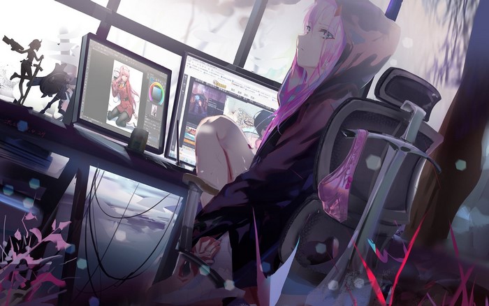 long hair, hood, Zero Two (Darling in the FranXX), pink hair, monitor, horns, Darling in the FranXX, Rabbit (artist), anime girls