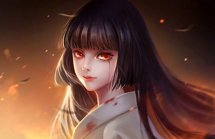 brunette, dark hair, bangs, anime girls, long hair, crying, red eyes, Enma Ai, Jigoku Shoujo