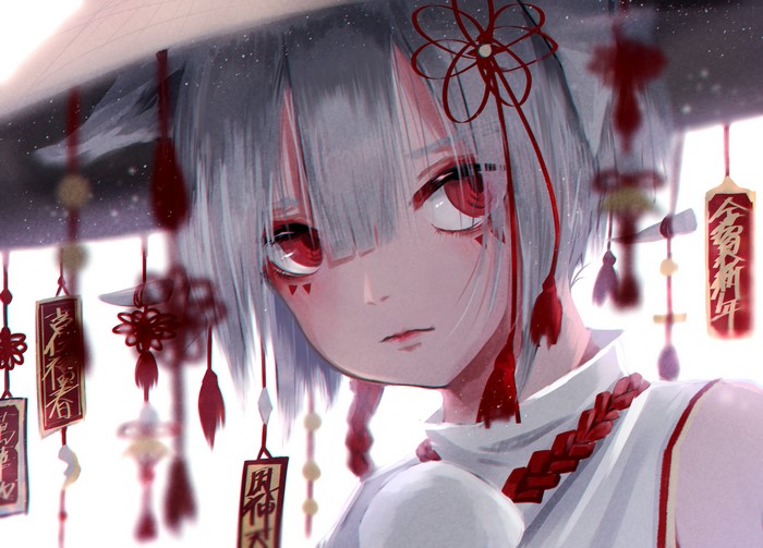 Inubashiri Momiji Fan Art with Red Eyes in Japanese Clothes