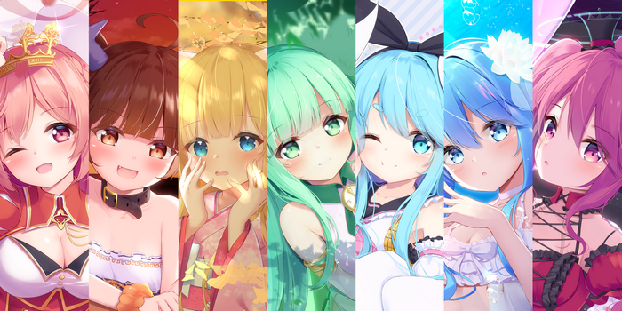 blonde, redhead, brunette, blue hair, pink hair, Mikaze Oto, anime girls, green hair, aqua hair, loli
