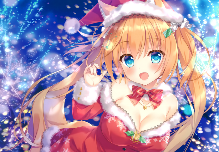Santa costume, twintails, Ame To Yuki, Santa girl, blue eyes, animal ears, Santa hats, cleavage, bare shoulders, blonde, anime girls, tail