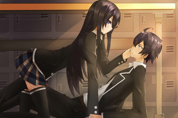 Yahari Ore no Seishun Love Comedy wa Machigatteiru, anime girls, long hair, anime boys, dark hair, school uniform, Hikigaya Hachiman, grin, bent over, thigh-highs, anime, Yukinoshita Yukino