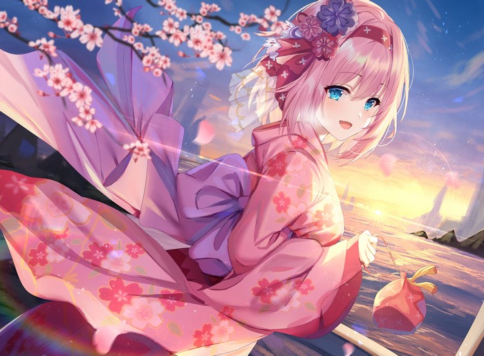 4K, Gejigejier, cherry blossom, Yui (Princess Connect!), pink hair, short hair, blue eyes, kimono, Princess Connect Re:Dive, headdress, anime girls, Japanese clothes