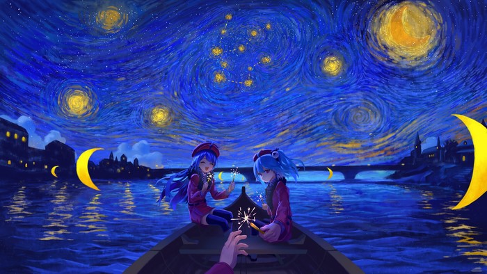 4K, long hair, boat, river, anime girls, bilibili, stars, water, sky, blue hair, outdoors, anime, vehicle, two women, colorful, night