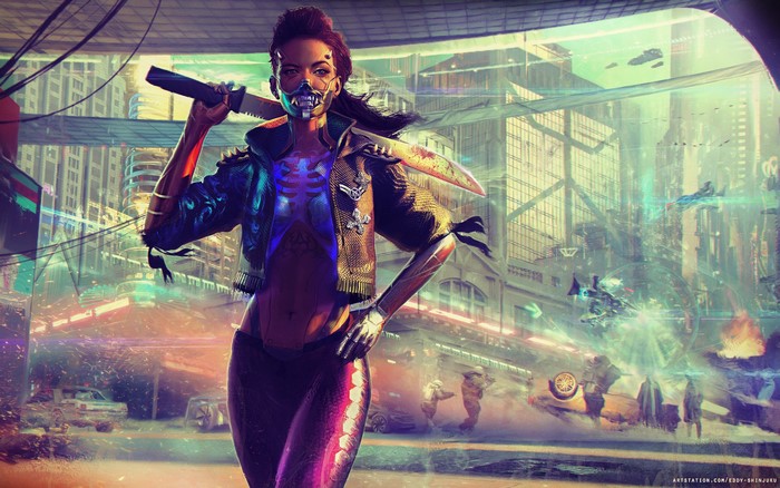 standing, ArtStation, blood, Eddy Shinjuku, women, science fiction women, futuristic, artwork, science fiction, digital art, machete, cyberpunk