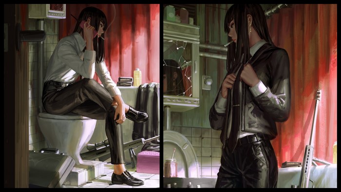 anime girls, Bad guys, smoking, GUWEIZ, original characters