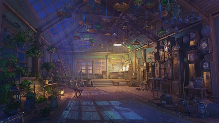 indoors, house, plants, anime, interior