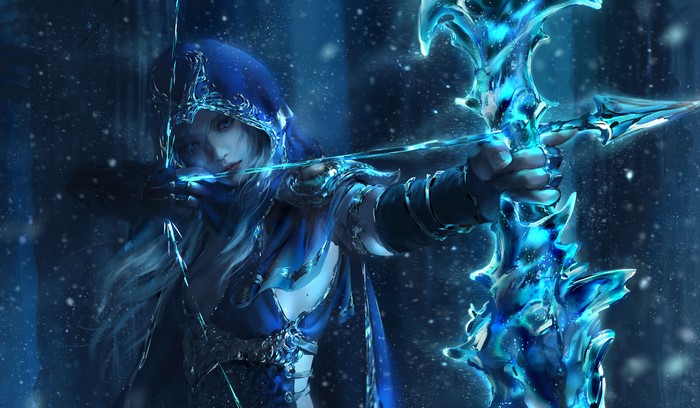4K, bodysuit, League of Legends, hoods, fantasy art, Ashe (League of Legends), blue, PC gaming, archer, Nixeu, video game art, fantasy girl, warrior, women, aiming, video game girls, arrows, bow