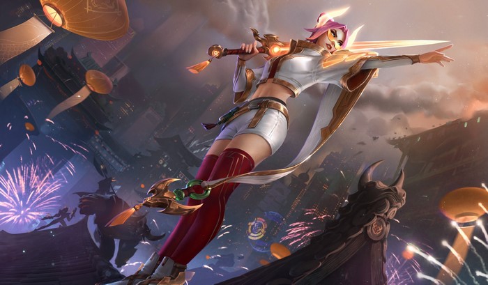 fantasy girl, video game girls, weapon, Fiora (League of Legends), standing, sword, fantasy art, belly, video game art, bare midriff, pink hair, PC gaming, Chinese architecture, League of Legends, girls with swords