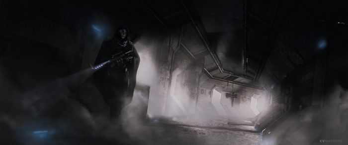 digital art, tunnel, artwork, assault rifle, dark, women, mist
