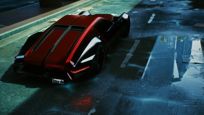 PC gaming, video games, vehicle, screen shot, Cyberpunk 2077, reflection, futuristic, car, asphalt, red cars