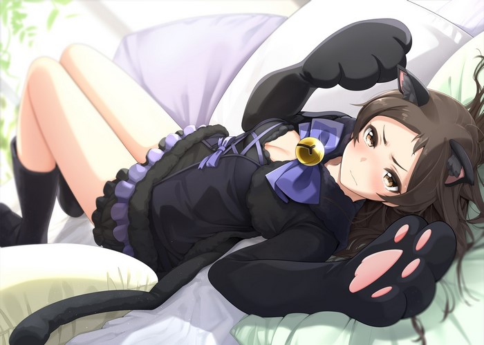 brunette, tail, animal ears, brown eyes, giba_FED_P, cat girl, anime girls, Kitazawa Shiho, cleavage, paws, FED, THE, blushing, anime