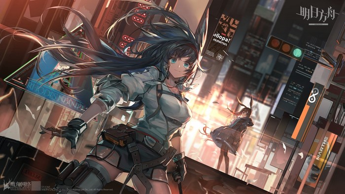 anime, uniform, long hair, video game girls, video game characters, city, fingerless gloves, city lights, video games, Amiya (Arknights), leather belt, aqua eyes, Arknights, animal ears, Blaze(Arknights), dark hair, skyscraper, anime girls
